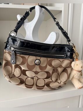 COACH Y2K vintage Laura Signature Hobo Purse Brown Jacquard Black Patent Leather